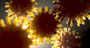 Mikroskobik yakın plan görüntüsü ile parlayan sarı kenarlı koronavirüs parçacıkları - 3D render