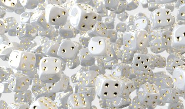 Bir dizi yansıtıcı beyaz kumarhane zarları havada süzülen altın işaretli arka planda - 3D canlandırma