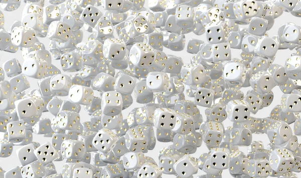 Bir dizi yansıtıcı beyaz kumarhane zarları havada süzülen altın işaretli arka planda - 3D canlandırma