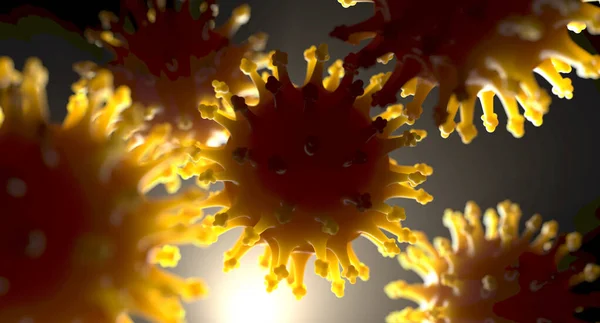 Microscopic Close View Backlit Airborne Coronavirus Particles Glowing Yellow Edges — Stock Photo, Image