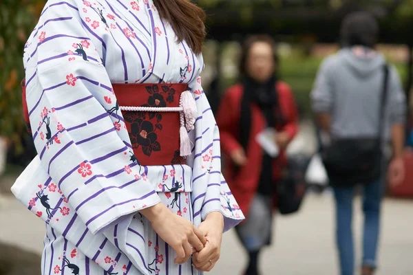 Młoda dziewczyna sobie japoński kimono stojący przed Sensoji Rozciągacz w Tokio, Japonia. Kimono jest to japoński tradycyjny ubiór. Słowo "kimono", co faktycznie oznacza "coś do noszenia" — Zdjęcie stockowe