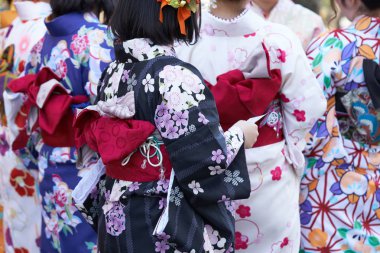 Tokyo, Japonya'da Sensoji Tapınağı önünde Japon kimono ayakta giyen genç kız. Kimono Japon geleneksel giysi var. Kelime 