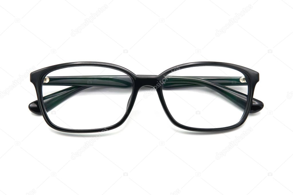 Black eye glasses spectacles with shiny black frame For reading daily life To a person with visual impairment. White background as background health  concept with copy space.