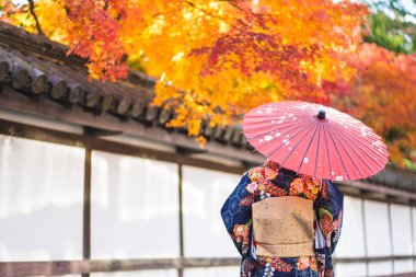 Kırmızı tahta Tori Kapısı 'nın arasında Japon kimonosu giyen geyşalar. 