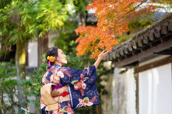 Menina gueixas vestindo quimono japonês entre vermelho de madeira Tori Gate — Fotografia de Stock