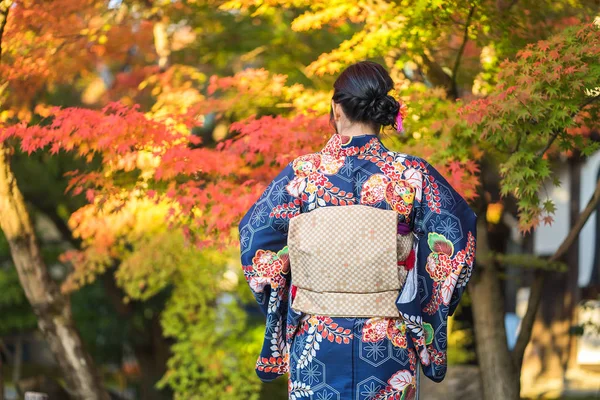 Geisha ragazza indossando kimono giapponese tra rosso in legno Tori Gate — Foto Stock