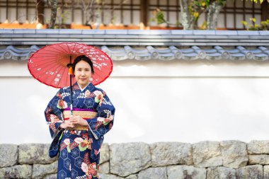 Kimono, Kyoto 'daki Fushimi Inari Tapınağı' ndaki kırmızı ahşap Tori Kapısı 'nda Japon kimonosu giyen bir Japon kızıdır. 