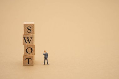 Minyatür insanlar işadamları ahşap word ile ayakta kullanarak SWOT tipi 