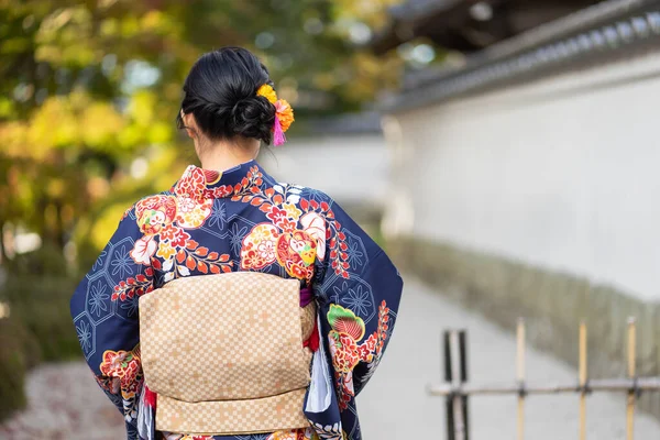 Chica Geishas Usando Kimono Japonés Entre Puerta Madera Roja Tori — Foto de Stock