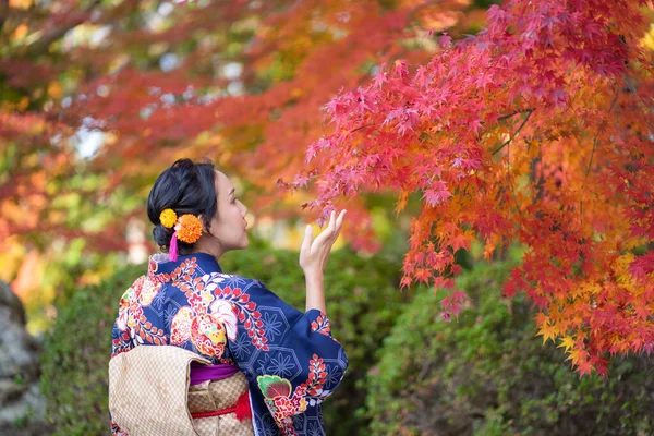 Fanciulla Delle Geishe Che Indossa Kimono Giapponese Tra Porta Rossa — Foto Stock