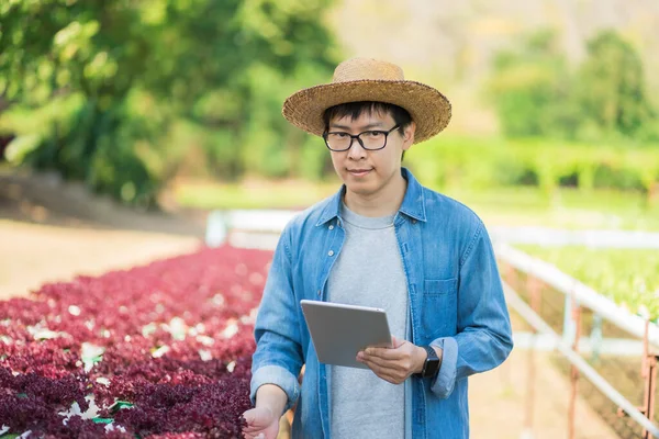 Πορτρέτο Του Νεαρού Έξυπνου Αγρότη Χρησιμοποιώντας Ψηφιακό Υπολογιστή Tablet Για — Φωτογραφία Αρχείου