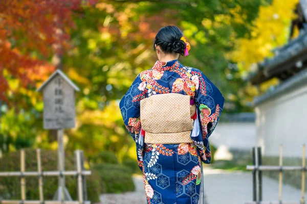 Geishas Mädchen Trägt Japanischen Kimono Zwischen Dem Roten Hölzernen Tori — Stockfoto