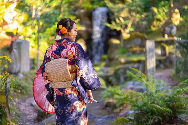 Chica Geishas Usando Kimono Japonés Entre Puerta Madera Roja Tori —  Fotos de Stock