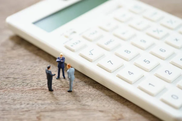 Miniature People Pay Queue Annual Income Tax Year Calculator Using — Stock Photo, Image