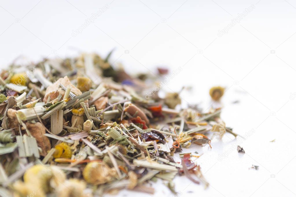Dried herbal tea on white background. Closeup photo