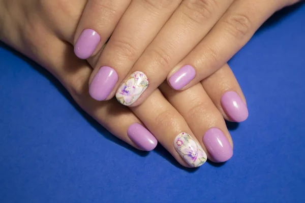 Woman hands with manicure on blue background. Closeup photo — Stock Photo, Image