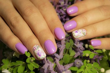 Kadın manikür mor çiçekler arka plan üzerinde elleriyle. Portre 