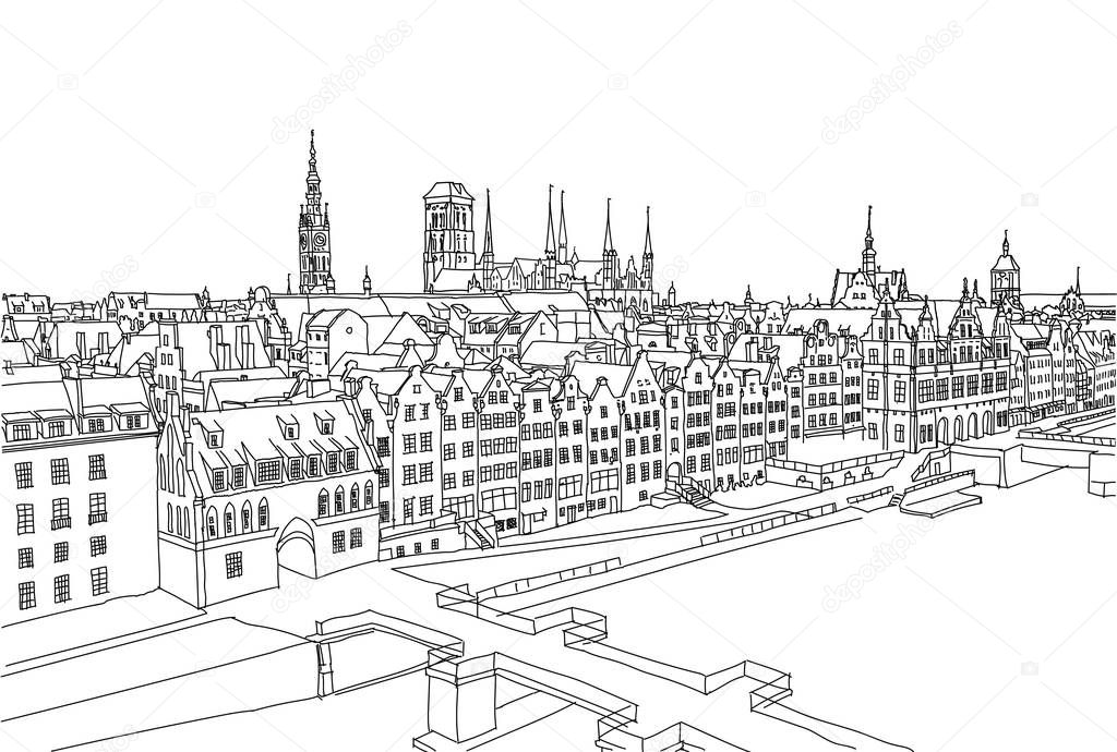 Gdansk city landscape. Hand drawned vector background. Black and white line art.