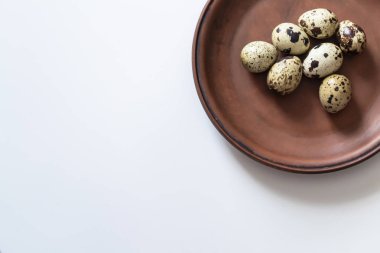 Beyaz arka plan üzerinde kil tabakta bıldırcın yumurtası. Portre fotoğraf