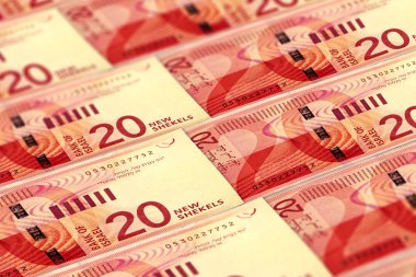 İsrail şekelleri arka planda. 20 şekel desen. İsrail 'in parası.