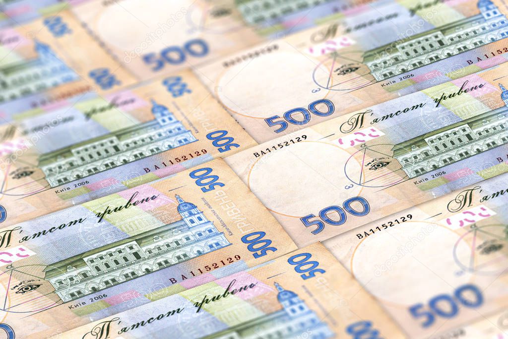 Money of Ukraine. Several Ukrainian hryvnia banknotes. UAH. Hryv