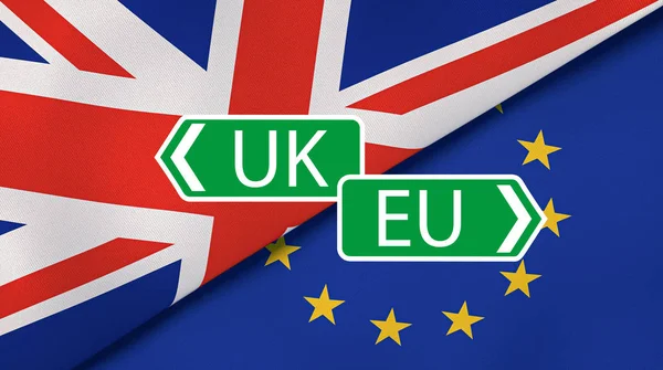 Brexit. Banderas de seda de la UE y el Reino Unido. ilustración 3d — Foto de Stock