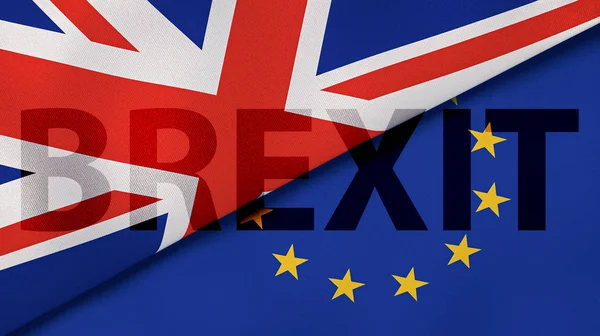 Brexit. Banderas de seda de la UE y el Reino Unido. ilustración 3d — Foto de Stock