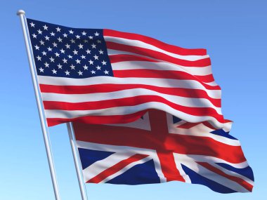 Amerika Birleşik Devletleri ve Birleşik Krallık bayrakları açık mavi gökyüzünde. Yüksek kaliteli 3d illüstrasyon