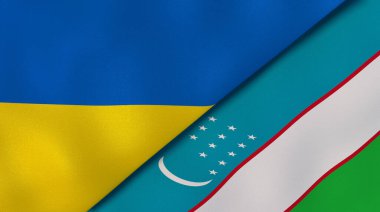 Ukrayna ve Özbekistan 'ın iki bayrağı. Kaliteli bir iş geçmişi. 3d illüstrasyon