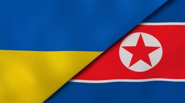 Ukrayna ve Kuzey Kore 'nin iki bayrağı. Kaliteli bir iş geçmişi. 3d illüstrasyon