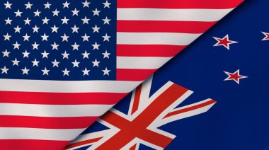 Birleşik Devletler ve Yeni Zelanda 'nın iki bayrağı. Kaliteli bir iş geçmişi. 3d illüstrasyon