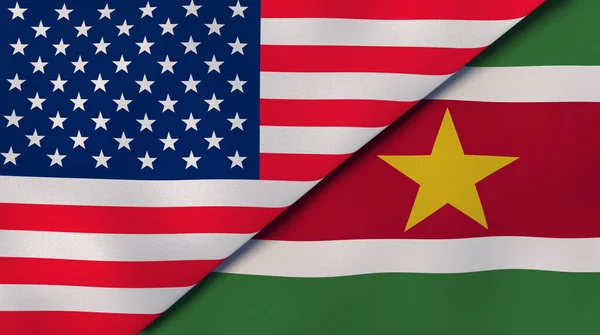 Dos Estados Banderas Estados Unidos Surinam Fondo Negocio Alta Calidad — Foto de Stock