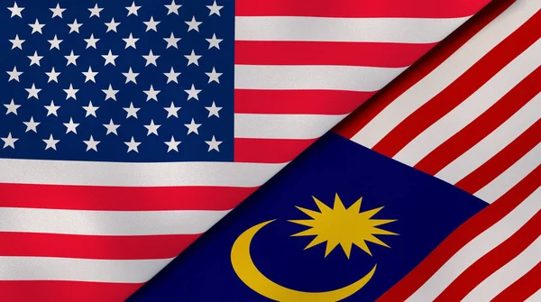 Två Amerikanska Och Malaysiska Flaggstater Hög Kvalitet Affärsbakgrund Illustration — Stockfoto