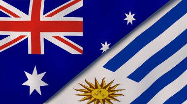 Avustralya ve Uruguay 'ın iki bayrağı. Kaliteli bir iş geçmişi. 3d illüstrasyon
