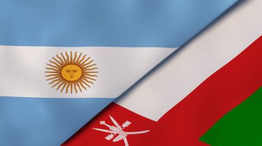 Arjantin ve Umman 'ın iki bayrağı. Kaliteli bir iş geçmişi. 3d illüstrasyon