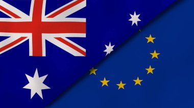 Avustralya ve Avrupa Birliği 'nin iki bayrağı. Kaliteli bir iş geçmişi. 3d illüstrasyon