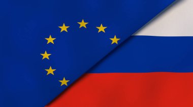 Avrupa Birliği ve Rusya 'nın iki bayrağı. Kaliteli bir iş geçmişi. 3d illüstrasyon