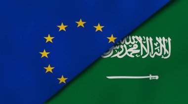 Avrupa Birliği ve Suudi Arabistan 'ın iki bayrağı. Kaliteli bir iş geçmişi. 3d illüstrasyon
