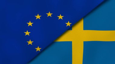 Avrupa Birliği ve İsveç 'in iki bayrağı. Kaliteli bir iş geçmişi. 3d illüstrasyon