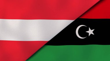 Avusturya ve Libya 'nın iki bayrağı. Kaliteli bir iş geçmişi. 3d illüstrasyon