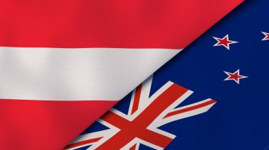 Avusturya ve Yeni Zelanda 'nın iki bayrağı. Kaliteli bir iş geçmişi. 3d illüstrasyon