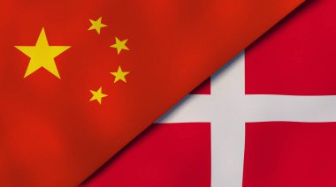 Çin ve Danimarka 'nın iki bayrağı. Kaliteli bir iş geçmişi. 3d illüstrasyon