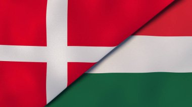 Danimarka ve Macaristan 'ın iki bayrağı. Kaliteli bir iş geçmişi. 3d illüstrasyon