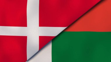 Danimarka ve Madagaskar 'ın iki bayrağı. Kaliteli bir iş geçmişi. 3d illüstrasyon