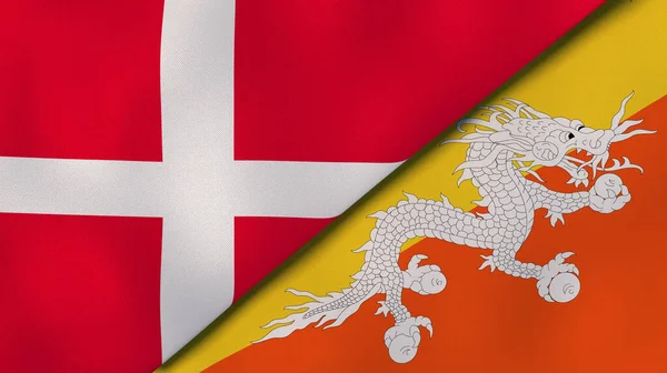 丹麦和不丹两国国旗 高质量的商业背景 3D说明 — 图库照片