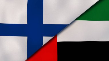 İki Finlandiya bayrağı ve Birleşik Arap Emirlikleri. Kaliteli bir iş geçmişi. 3d illüstrasyon