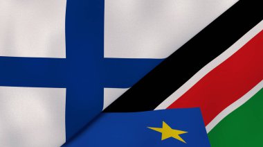İki Finlandiya ve Güney Sudan bayrağı. Kaliteli bir iş geçmişi. 3d illüstrasyon