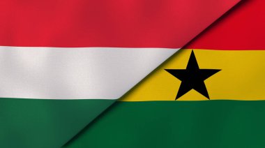 Macaristan ve Gana 'nın iki bayrağı. Kaliteli bir iş geçmişi. 3d illüstrasyon