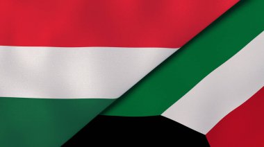 Macaristan ve Kuveyt 'in iki bayrağı. Kaliteli bir iş geçmişi. 3d illüstrasyon