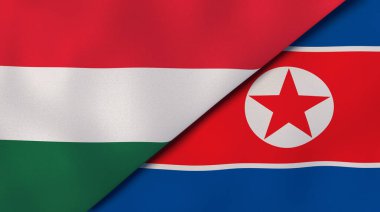 Macaristan ve Kuzey Kore 'nin iki bayrağı. Kaliteli bir iş geçmişi. 3d illüstrasyon